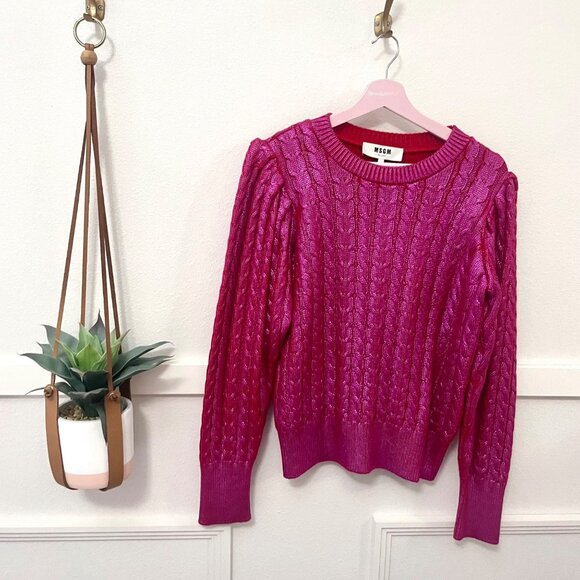 NWT MSGM Metallic Cable Knit Sweater Red Fuchsia Women’s Size M Italy - Picture 2 of 8